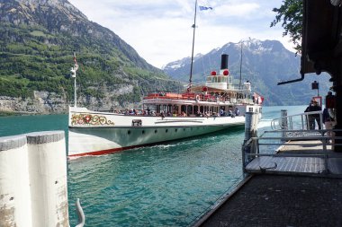 Ruetli, Switzerland - April 28, 2018: passenger boat for navigation and docking.