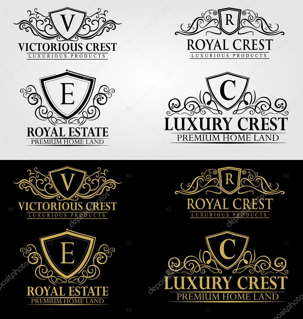 Heraldic Crest Logos and Badges template bundle. Logo set. Old style and modern flat icons. Vintage retro style. Arrows, labels, ribbons, decor, shield logo, knight logo, premium quality vector. Logo design. Retro style