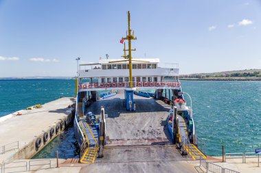 DARDANELLES STRAIT, TURKEY - JUN 29, 2014: Photo of сar ferry ship at the pier clipart