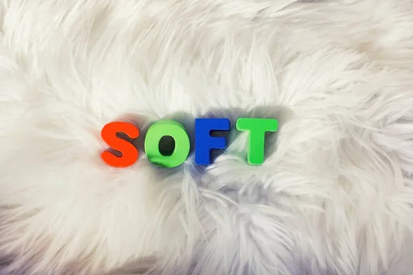 Текст Слова Soft Abc Colorful Wooden Letters Fluffy White Fur — стоковое фото