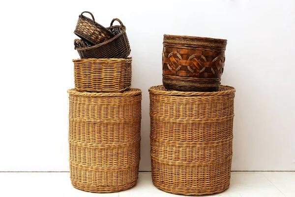 Two Stacks Handmade Natural Wicker Straw Baskets Home Storage Kids — Stock Photo, Image