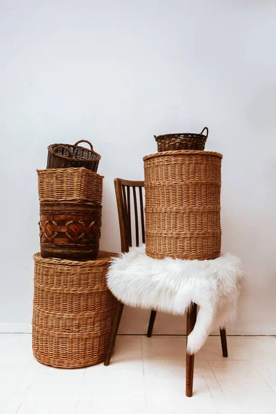 Many Natural Straw Bamboo Baskets Wooden Vintage Chair Fluffy Carpet — Stock Fotó