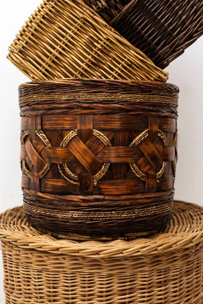 Close Art Handmade Wicker Bamboo Straw Baskets Home Storage Natural — Stock Photo, Image