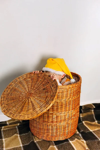 Cute Baby Boy Sit Straw Basket Hiding Face Cap Wearing — Stock Photo, Image