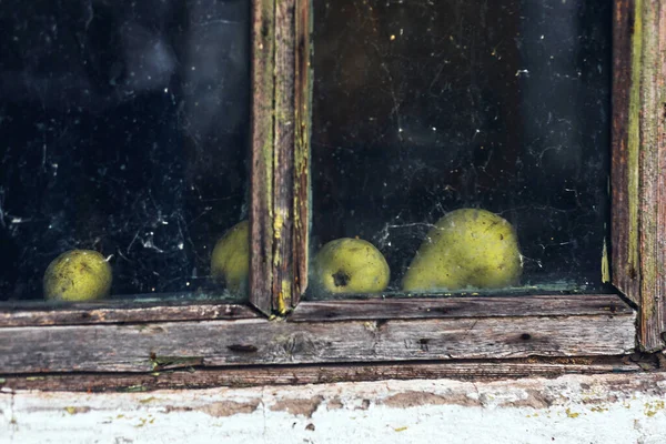 Old House Window Wooden Frame Green Pears Glass Spider Web — Stock Photo, Image