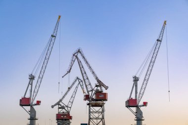 Helsinki limanında açık mavi gökyüzüne karşı dik duran çok sayıda büyük vinç, liman faaliyetlerini ve deniz ticaretini simgeliyor.