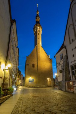 Tallinn, ESTONIA - 09 Temmuz 2025: Aydınlatılmış Tallinn Belediye Binası ve kendine özgü kulesi, alacakaranlıkta Eski Şehir 'de tarihi binaların çerçevelediği bir kaldırım taşı caddesine hakim.