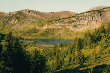 Orman ve kayalık dağlarla çevrili bir vadiye kurulmuş Alp Gölü.