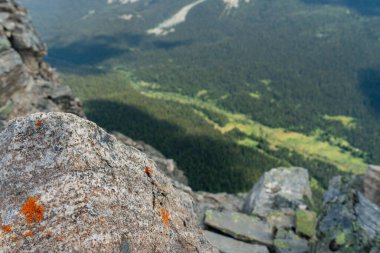 Mountain vista: rocky peak overlooks dense forest and valley below.
