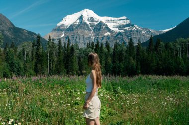 Çayırdaki kadın güneşli bir günde karlı dağ zirvesine bakıyor. Mt. Robson İl Parkı