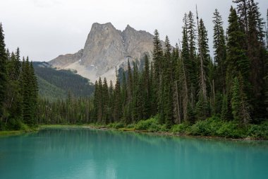 Turkuaz göl, yemyeşil orman ve engebeli dağ tepeleriyle çevrili. Zümrüt Gölü, BC