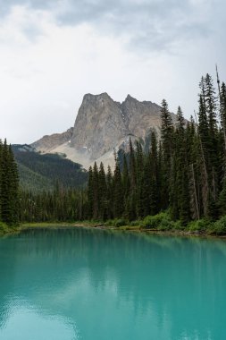 Sakin bir turkuaz göl yükselen dağı ve yemyeşil ormanı yansıtır. Zümrüt Gölü, BC