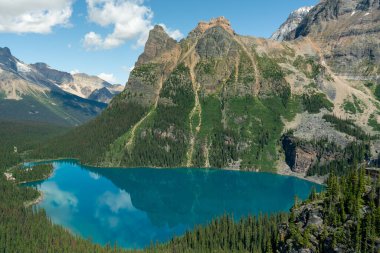 Engebeli dağların ve yemyeşil ormanların altına kurulmuş sakin bir turkuaz göl. OHara Gölü, BC