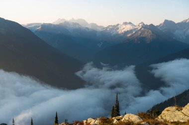 Dağlarla çevrili sis dolu bir vadi, doğanın büyük gösterisi. Buzul Ulusal Parkı, BC