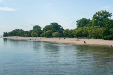 Sakin suları ve yemyeşil arkaplanı olan resimli plaj sahnesi. Toronto, ON