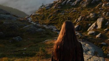 Kamera onu aşınmış kayalar, yosunlar ve çimenler arasındaki küçük bir dağ deresine kadar takip ederken genç bir kadın yokuş aşağı yürüyor. Buzul Ulusal Parkı 'nda gün doğumunda çekilmiş..