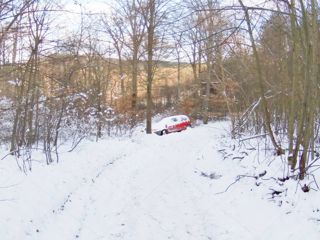 abandoned red car forest in snow crashed ditched hazard left behind vehicle.