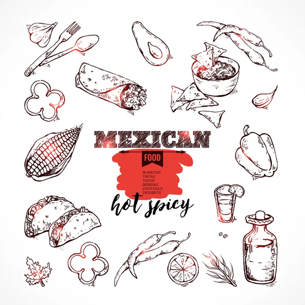 Iconos dibujados a mano comida mexicana . — Vector de stock