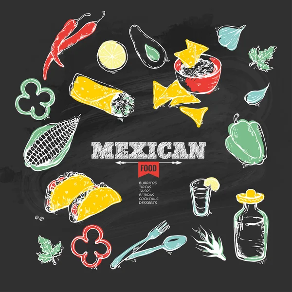 Handdrawn ikonok mexikói ételek. — Stock Vector