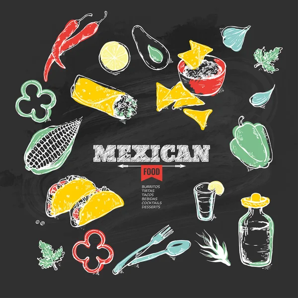 Iconos dibujados a mano comida mexicana . — Vector de stock