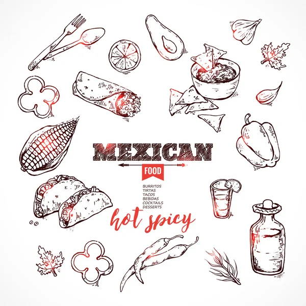 Iconos dibujados a mano comida mexicana . — Vector de stock