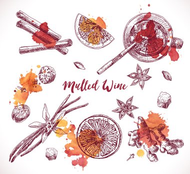 Mulled şarap ayarla, çizilmiş malzemeyi teslim. Aroma madde yemek.