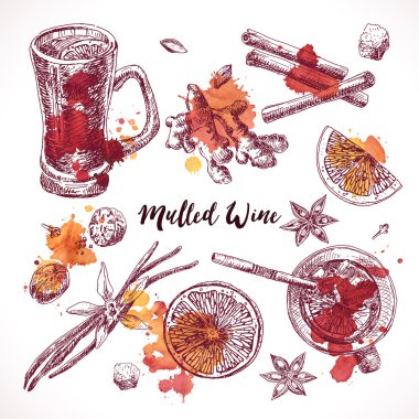 Mulled şarap ayarla, çizilmiş malzemeyi teslim. Aroma madde yemek.