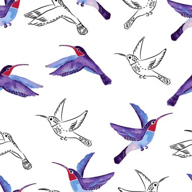 Kuşlar ve çiçekler ile sorunsuz suluboya arka plan