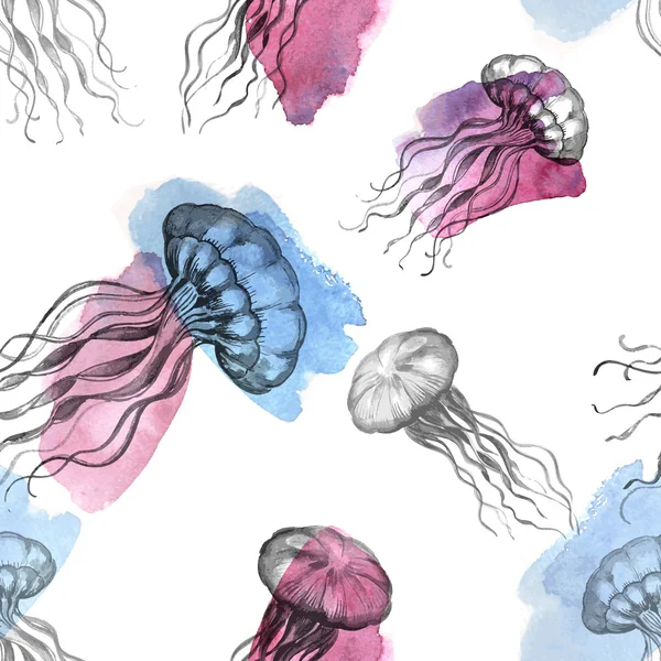 Watercolor jellyfish in Seamless pattern — Stock Vector