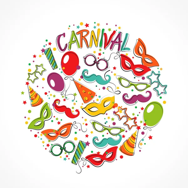 Página festiva con iconos y objetos de carnaval — Vector de stock