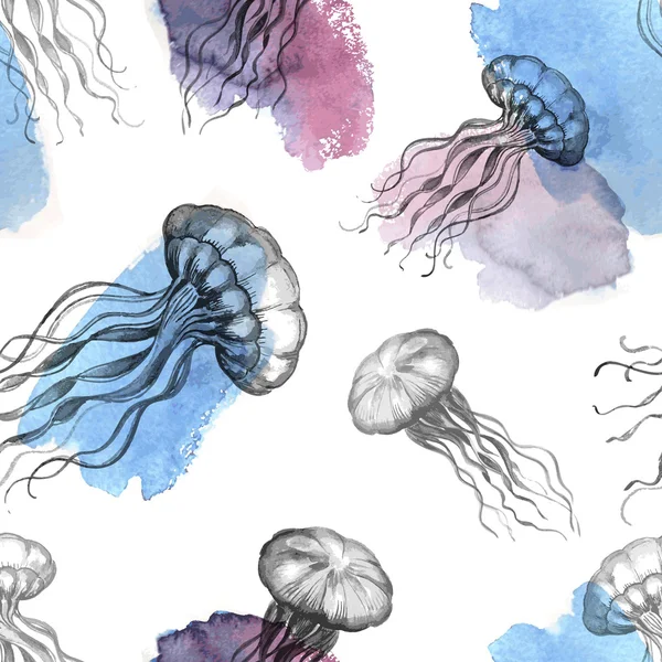 在无缝模式上水彩水母 — 图库矢量图片
