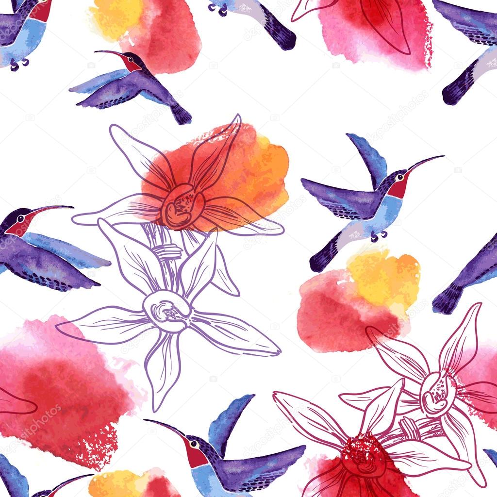 Seamless watercolor background with birds and flowers