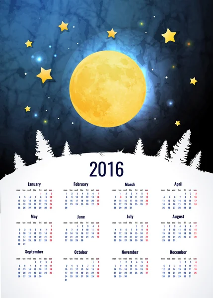 Design de calendário com lua e estrelas — Vetor de Stock