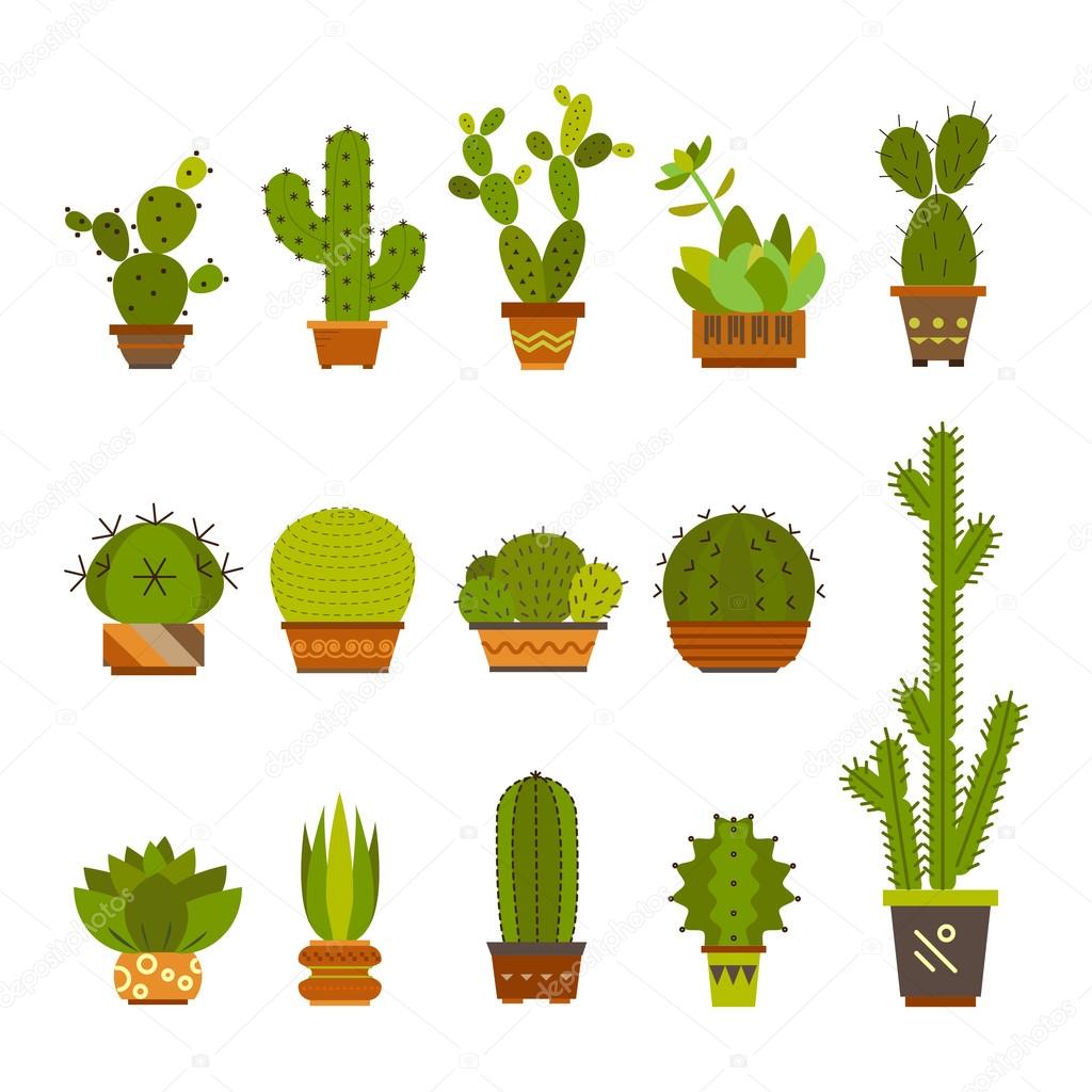 Set of color cartoon cactus.  plants in flowerpots. vector illustration