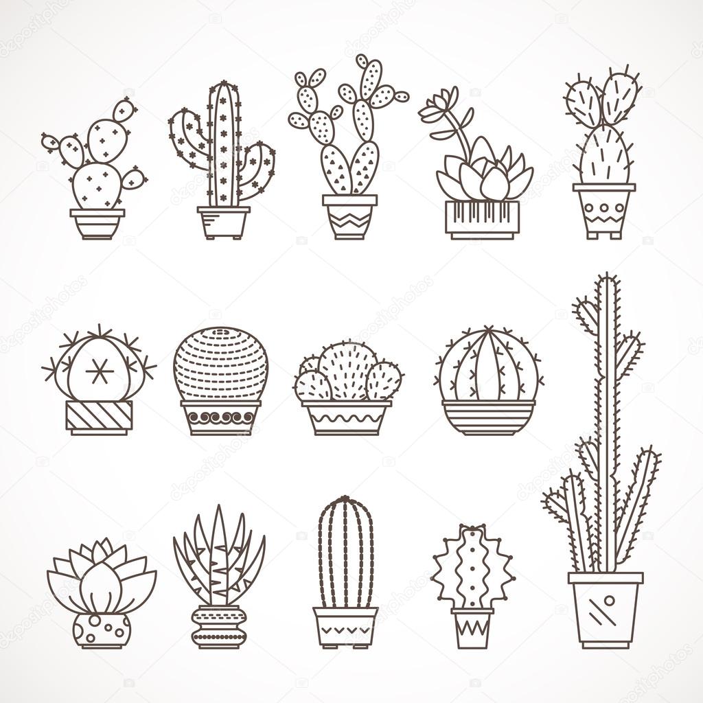 Set of vector geometric cacti in trendy mono line style - art deco.It can be used as a stamp, postcard or print