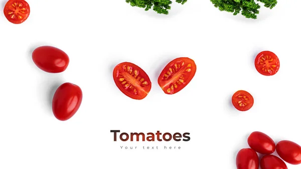 背景为白色的西红柿。长标题横幅格式。全景网站标题横幅. — 图库照片