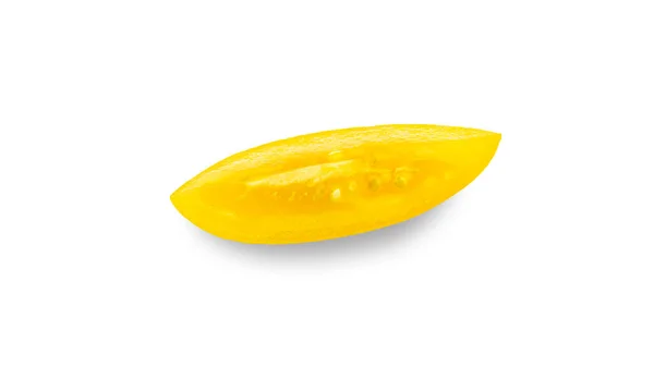 Pomodoro giallo forma allungata su sfondo bianco. Varietà di pomodoro Golden lemon o Akmore Treasure. — Foto Stock