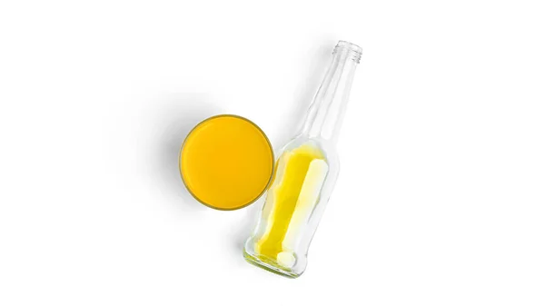Een Fles Glas Met Gele Drank Een Witte Achtergrond Hoge — Stockfoto