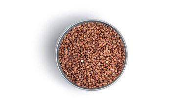 Beyaz arka planda karabuğday olan şeffaf bir kavanoz. Yüksek kalite fotoğraf