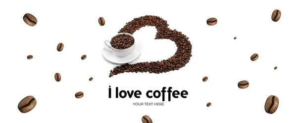 Hart Van Koffiebonen Met Kopje Koffie Witte Achtergrond Lange Header — Stockfoto