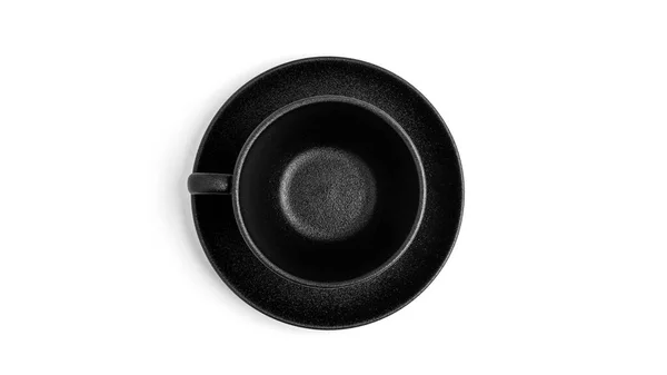 Üres Fekete Csésze Csészealj Fehér Háttérrel Kiváló Minőségű Fénykép — Stock Fotó