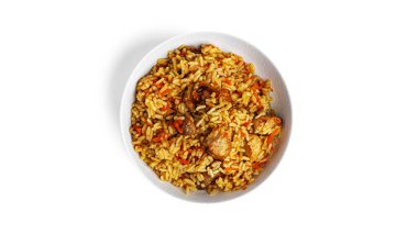 Pilaf beyaz arka planda izole edildi. Yüksek kalite fotoğraf