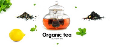 Beyaz arka planda çaydanlık. Uzun başlık pankartı biçimi. Panorama web sitesi başlık pankartı. Yüksek kalite fotoğraf