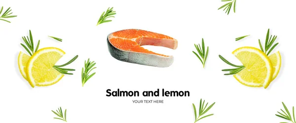 鲑鱼牛排配迷迭香和柠檬 长标题横幅格式 全景网站标题横幅 高质量的照片 — 图库照片