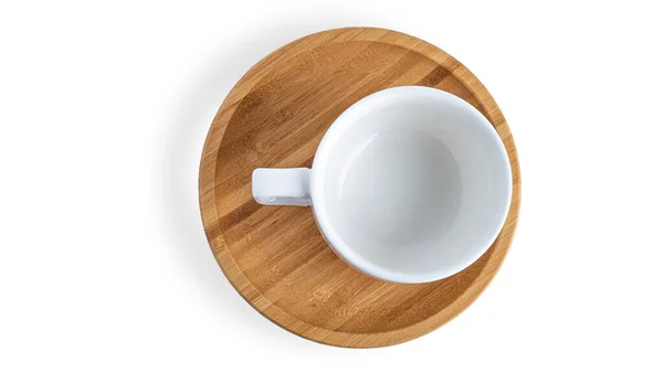 Empty White Cup Wooden Saucer White Background High Quality Photo — Stock Photo, Image