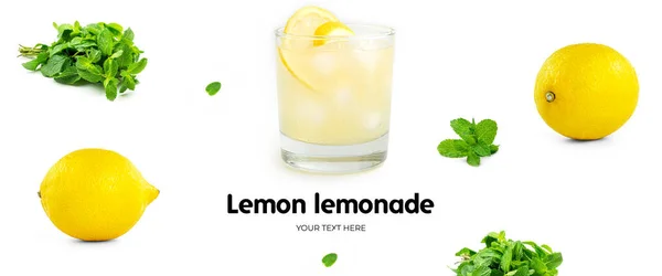 Zitronenlimonade Mit Eis Und Minze Auf Weißem Hintergrund Lange Kopfzeile — Stockfoto
