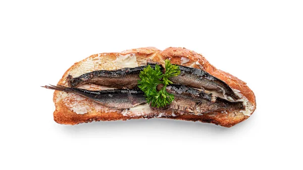 Sandwich with sprats isolated on white background. High quality photo — Stock Image Sandwich Sprats Isolated White Background High Quality Photo Stock Image