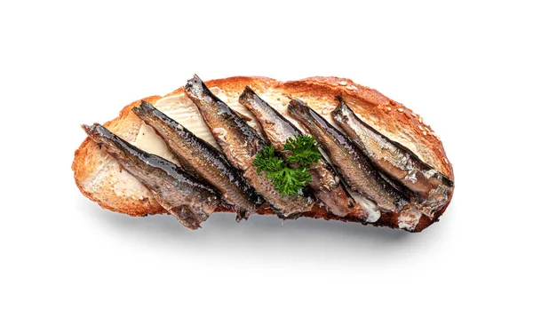 Sandwich with sprats isolated on white background. High quality photo — Stock Image Sandwich Sprats Isolated White Background High Quality Photo Stock Picture
