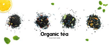 Beyaz arka planda farklı çay çeşitleri. Uzun başlık pankartı biçimi. Panorama web sitesi başlık pankartı. Yüksek kalite fotoğraf