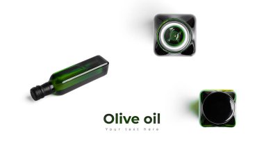 Yeşil şişedeki zeytinyağı beyaz arka planda izole edilmiş. Uzun başlık pankartı biçimi. Panorama web sitesi başlık pankartı. Yüksek kalite fotoğraf